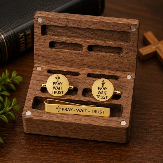 Pray Wait Trust Goldtone Tie Clip and Cuff Links