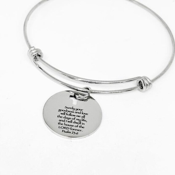 Psalm 23 6 Bracelet Stainless Steel Engraved Charm Scripture Jewelry Faith Gift Christian Bangle Religious Inspirational Bracelet