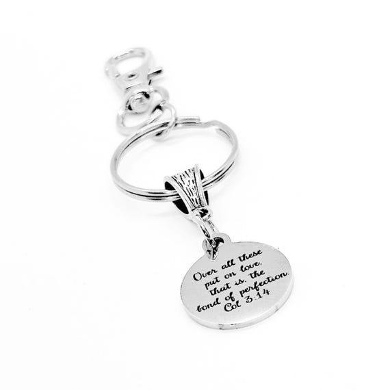 Put On Love The Bond Of Perfection Charm Keychain, Colossians 3 14, Wedding Gift, Scripture, Marriage, Wife Gift, Husband, New House
