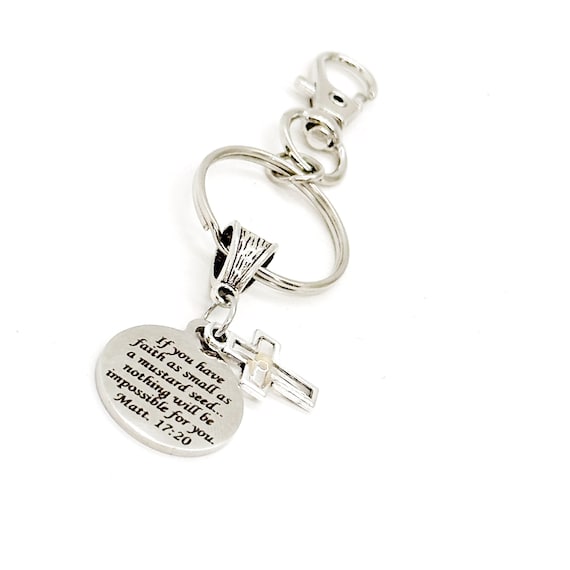 Mustard Seed Verse Cross Keychain, Faith Gift, Matthew 17 20, Christian Gifts, Baptism Gift, Sunday School Gifts, Bible Study Gifts
