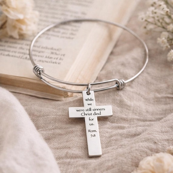 Christ Died For Us Romans 5 8 Charm Bracelet Stainless Steel Expanding Bangle Scripture Bracelet Christian Gift Faith Jewelry