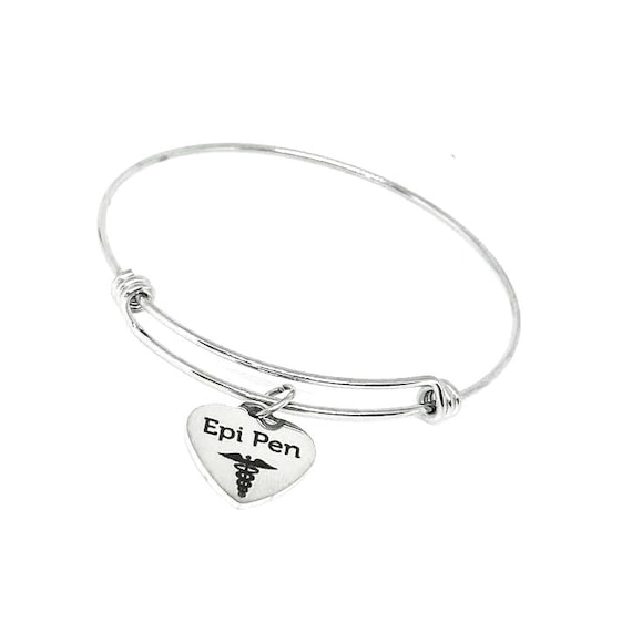 Epi Pen Stainless Steel Bracelet, Adjustable Medical Alert Heart Charm Bangle Allergy Safety Jewelry For Anaphylaxis Emergency Awareness