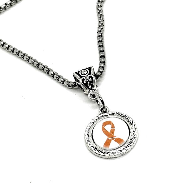Orange Ribbon Pendant Necklace, Orange Ribbon Charm, Melanoma Awareness, Leukemia, Cultural Diversity, Kidney Cancer, Suicide Prevention
