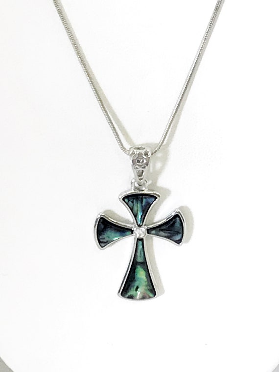 Cross Necklace, Simulated-Shell Cross Pendant, Blue and Green Cross Necklace, Christian Faith Gift, Christian Jewelry, Christian Necklace
