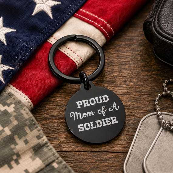 Proud Mom Of A Soldier Black Stainless Keychain
