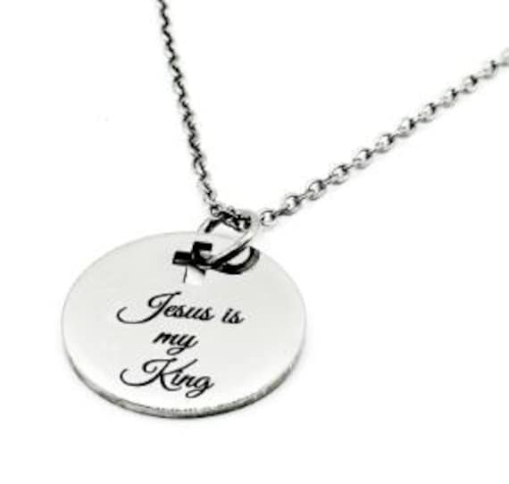 Jesus Is My King Necklace Stainless Steel Engraved Pendant With Cross Cut Out Christian Faith Jewelry From JKCE Designs Inspirational Gift