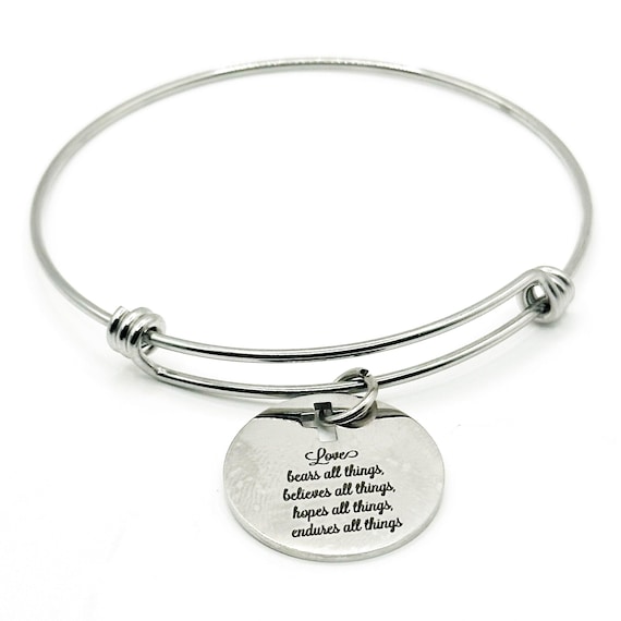 Love Bears All Things Bracelet Stainless Steel Faith Jewelry Christian Scripture Bangle Inspirational Religious Gift