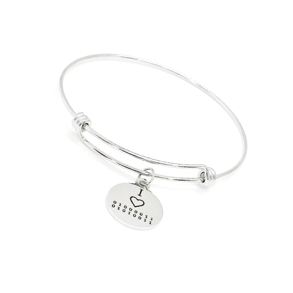 I Love CS Charm Bangle Bracelet, Binary Code, Comp SCI Major, Gift For Her, Daughter, Girlfriend, Fun Gift, Computer Programming, Programmer