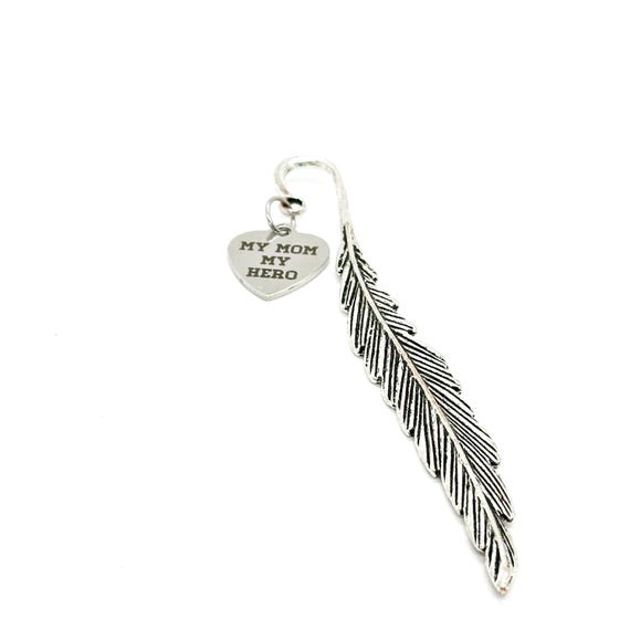 My Mom My Hero Charm Feather Stem Bookmark, Planner Bookmark, Gift For Her, Wife Gift, Military Mom, Police Mom, Mom Birthday, Gift From Kid
