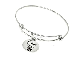 X Ray Tech Stainless Steel Bracelet, Radiology Jewelry Adjustable Bangle Gift for Radiology Technician Medical Professional Graduation