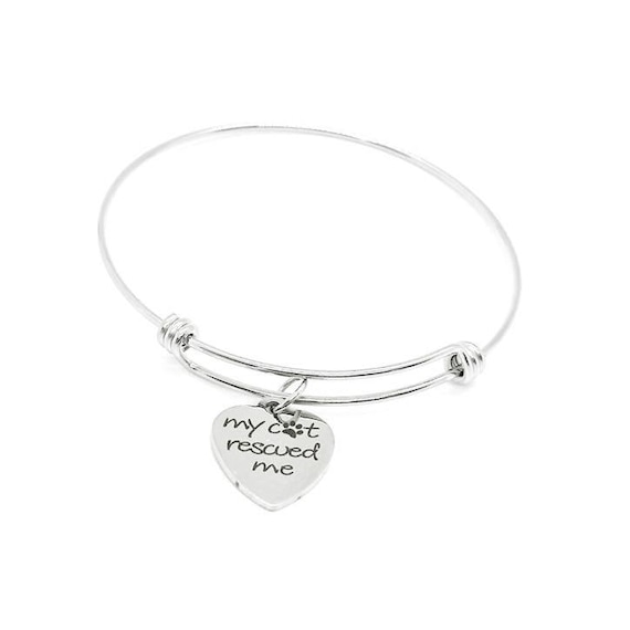 My Cat Rescued Me Bracelet, Stainless Steel Heart Charm Jewelry for Cat Lovers Pet Rescue Adoption Gift Adjustable Bangle 19mm Charm