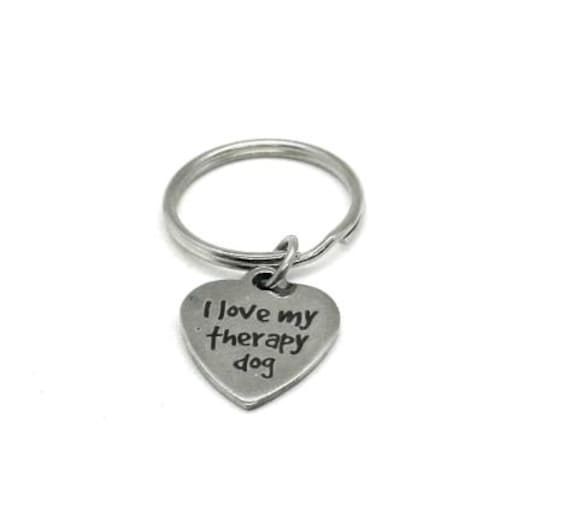 I Love My Therapy Dog Keychain Stainless Steel Engraved Charm Dog Lover Gift Emotional Support Animal Keyring