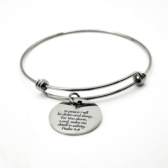 Psalm 4 8 Bracelet In Peace I Will Lie Down And Sleep Christian Scripture Expanding Bangle Faith Jewelry Gift