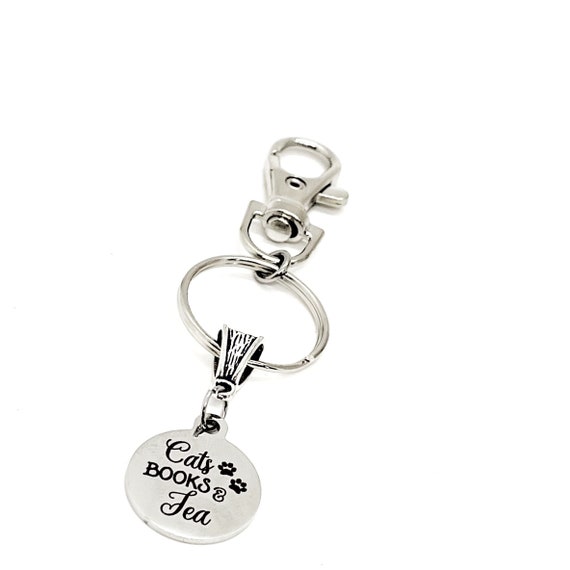 Cats Books and Tea Clip On Charm Keychain, Cat Lover Gift, Book Lover Gift, Tea Lover Gift, Mom Gift, Wife Gift, Daughter Gift