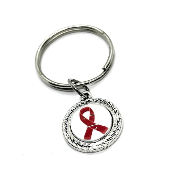 Red Awareness Ribbon Cabochon Key Ring, Red Ribbon Charm, Awareness Gifts, AIDS HIV Heart Disease Awareness Charm, Key Chain Gifts
