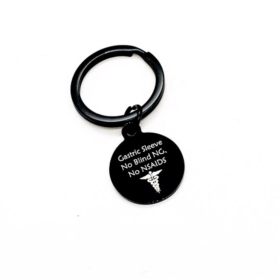 Gastric Sleeve Black Keychain, Gastric Sleeve Medical ID Tag, No Blind NG, No NSAIDS, Medical Awareness Tag, Zipper Charm, Keychain Charm