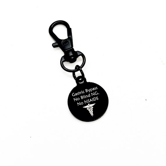 Gastric Bypass Black Zipper Pull, Gastric Bypass Medical ID Tag, No Blind NG, No NSAIDS, Medical Awareness Tag, Bag Charm, Purse Charm