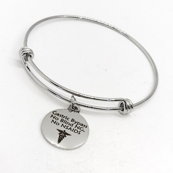 Gastric Bypass Medical Charm Bracelet, Gastric Bypass Awareness, Gastric Bypass Jewelry, No Blind NG, No NSAIDS, Medical Notification Charm