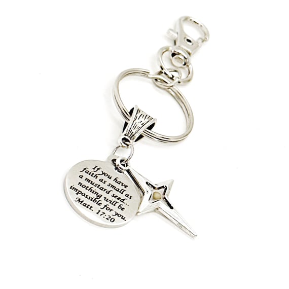 Mustard Seed Verse Star Cross Keychain, Faith Gift, Matthew 17 20, Christian Gifts, Baptism Gift, Sunday School Gifts, Bible Study Gifts