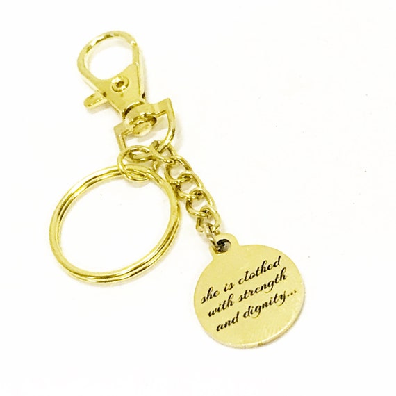 Christian Gift, She Is Clothed In Strength And Dignity Keychain, Christian Keychain, Religious Gifts, Prov 31 25 Keychain, Gold Keychain