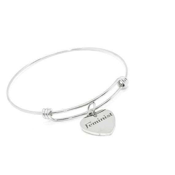Feminist Stainless Steel Heart Charm Bracelet Adjustable Bangle Women Empowerment Jewelry Gift Strong Confident Inspirational Accessory
