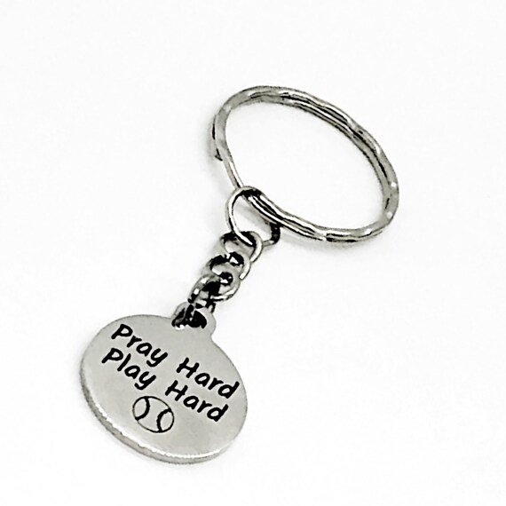 Softball Keychain, Pray Hard, Play Hard Keychain, Softball Player Gift, Christian Softball Player, Softball Mom Gift, Charm Keychain