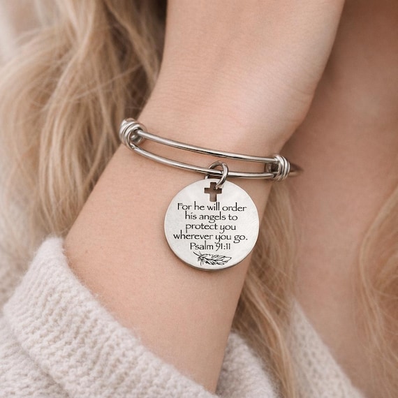 Psalm 91 11 Bracelet Stainless Steel Expanding Bangle Christian Jewelry Angel Protection Scripture Faith Gift