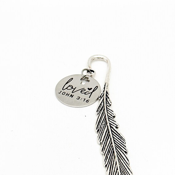 Loved John 3 16 Charm Feather Stem Bookmark, God So Loved The World, Faith Gifts, Bible Bookmark, Baptism Gift, Salvation Gift, Christian
