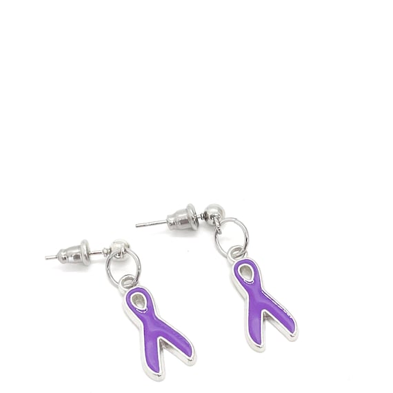 Silver-tone Purple Ribbon Earrings, Awareness Gifts, ADD ADHD Alzheimer’s Awareness Charm, Gift For Her, Wife Gift, Awareness Gift
