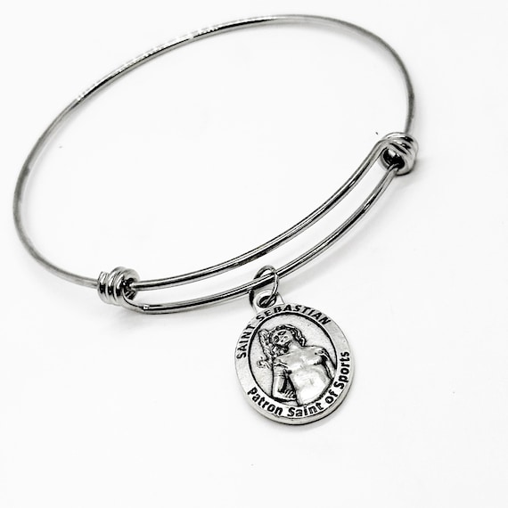 Saint Sebastian Patron Saint Of Sports Charm Bangle Bracelet, Golf Player, With God All Things Are Possible, Daughter Gift For Her