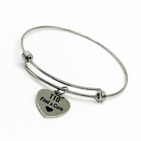 T1D Find a Cure Charm Bracelet, Type 1 Diabetes Charm, T1D Mom, T1D Daughter, Gift For Her, Wife Gift, Mom Gift, Stacking Expanding Bangle