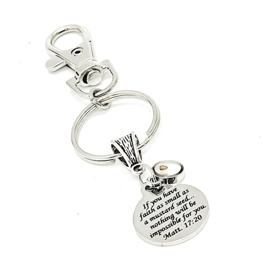 Scripture Gifts, Mustard Seed Scripture Clip On Charm Keychain, Matthew 17 20 Charm, Bible Verse Gifts, Christian Gift, Baptism Gifts