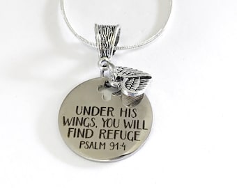 Joyería cristiana, collar "Bajo sus alas hallarás refugio", joyería del Salmo 91:4, regalo cristiano, joyería de condolencia cristiana