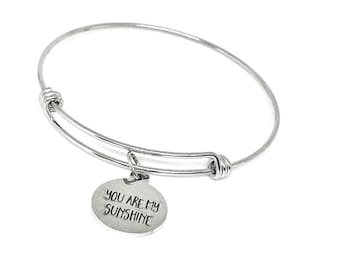 You Are My Sunshine Stainless Steel Adjustable Bracelet, Inspirational Gift For Her 19mm Charm Encouragement Jewelry Bangle