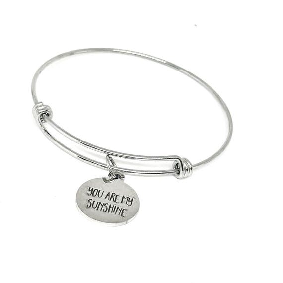 You Are My Sunshine Stainless Steel Adjustable Bracelet, Inspirational Gift For Her 19mm Charm Encouragement Jewelry Bangle