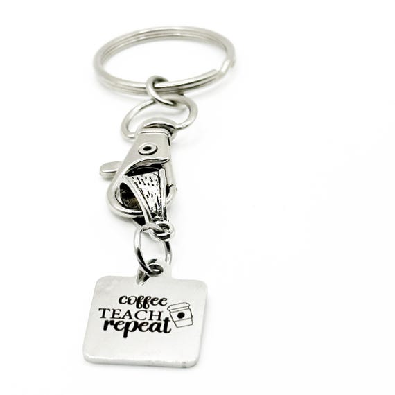 Coffee Teach Repeat Keychain Stainless Steel Engraved Teacher Appreciation Gift Coffee Lover Charm Square Pendant 19mm