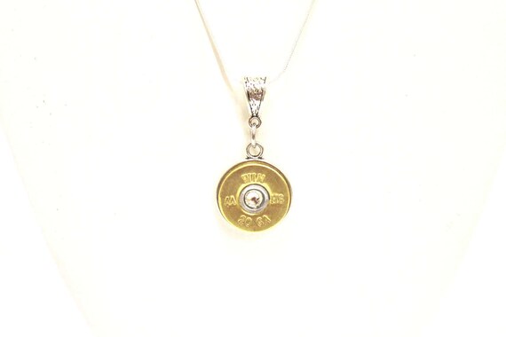 20g Shotgun Shell Pendant on Silver Chain Necklace, Gift For Mom, Gift For Her, Shotgun Shell Jewelry with Crystal Center