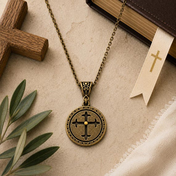 Round Mustard Seed Cross Antique Bronze Necklace