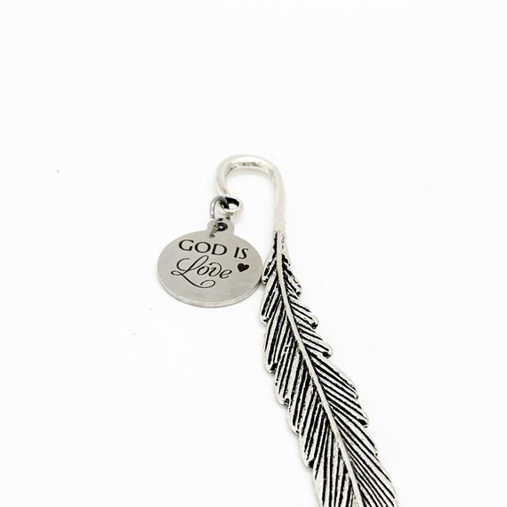God Is Love Charm Feather Stem Bookmark, Faith Gift, Baptism Gift, Bible Bookmark, Bible Study Gifts, Sunday School Gifts, Planner Bookmark