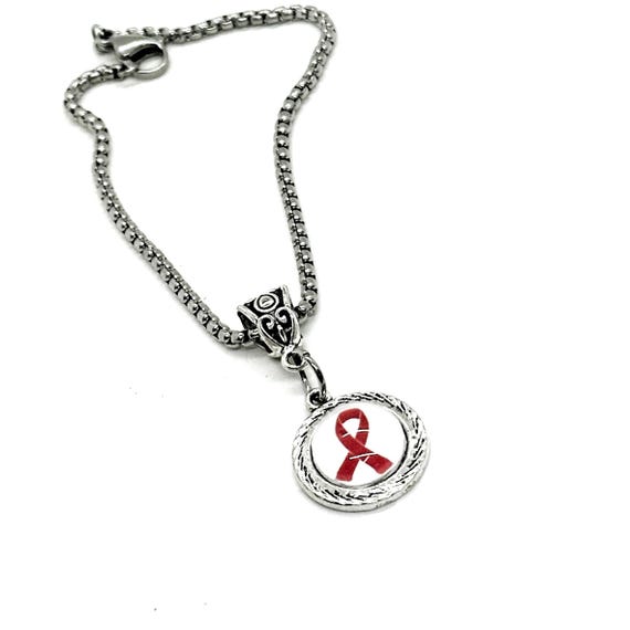 Red Awareness Ribbon Cabochon Charm Bracelet, Awareness Gift, Red Ribbon Jewelry, Awareness Gifts, AIDS HIV Heart Disease Awareness Charm