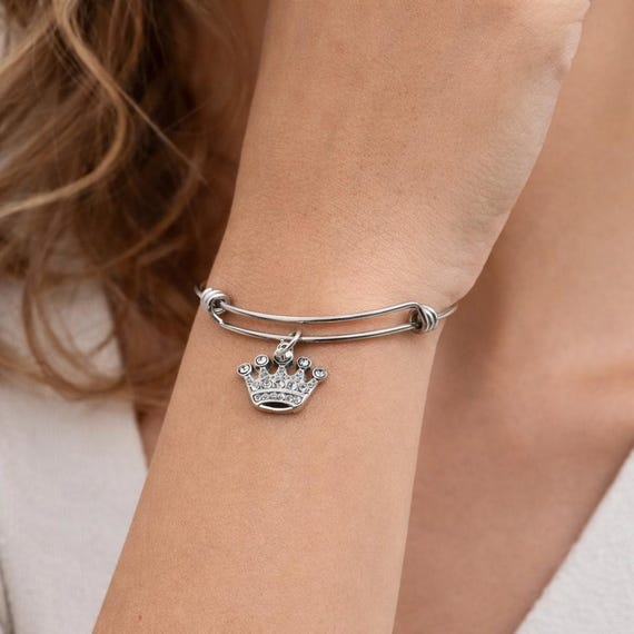 Rhinestone Crown Charm Bracelet Stainless Steel Expanding Bangle Princess Gift