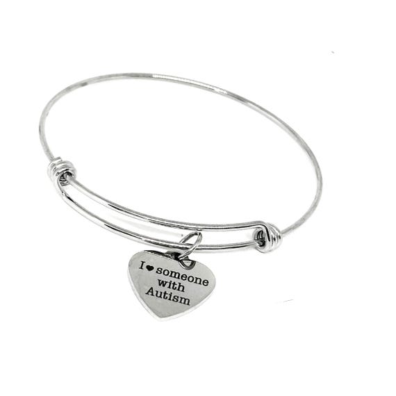 I Love Someone With Autism Stainless Steel Bracelet, Heart Charm Adjustable Bangle Gift for Autism Awareness Supporters Family or Friends