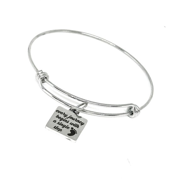 Every Journey Begins With A Single Step Stainless Steel Bracelet, Adjustable Motivational Charm Bangle Gift For New Beginnings Or Graduates