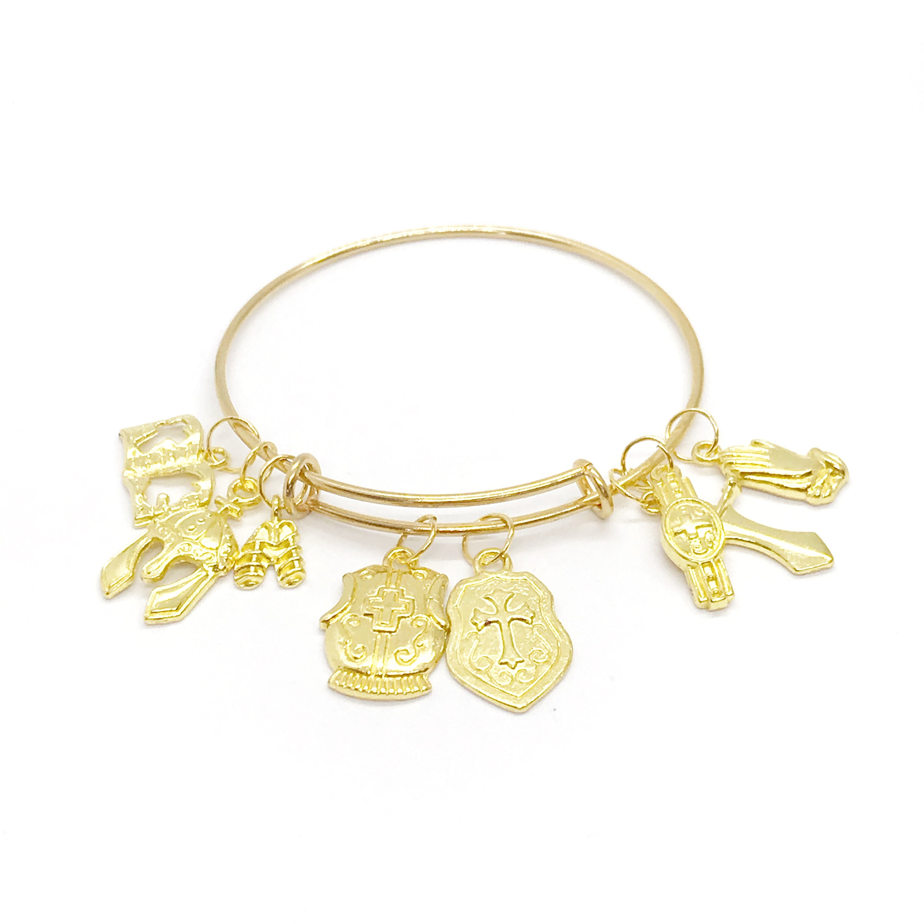 Full Armor of God Bracelet, Goldtone Expanding Bangle Charm Bracelet