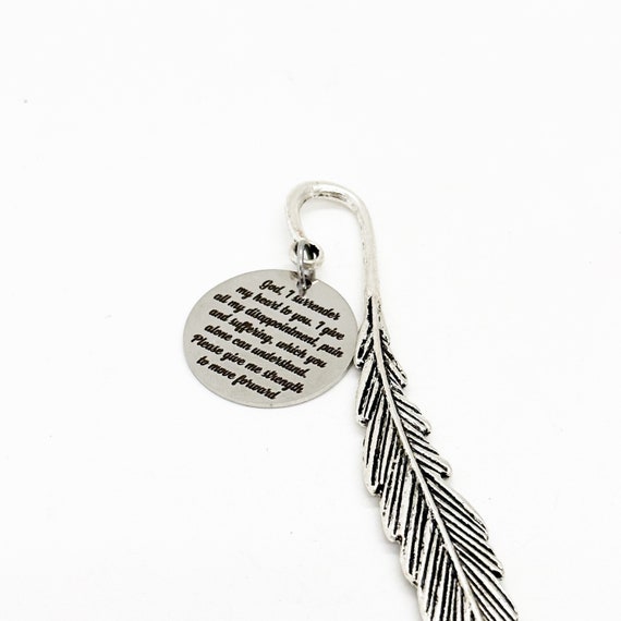 God I Surrender My Heart To You Charm Feather Stem Bookmark, Give Me Strength, Faith Gift, Christian Gift, Recovery Gift, Prayer Gifts