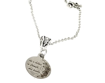 Pulsera con dije "Mujer vestida de fuerza y dignidad" de Proverbios 31:25, Joyería bíblica, Regalos de fe, Regalo para hija, Regalo para esposa
