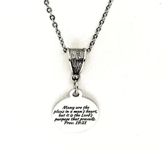 Proverbs 19 21 Necklace Engraved Scripture Charm Faith Jewelry Purpose Of The Lord Necklace