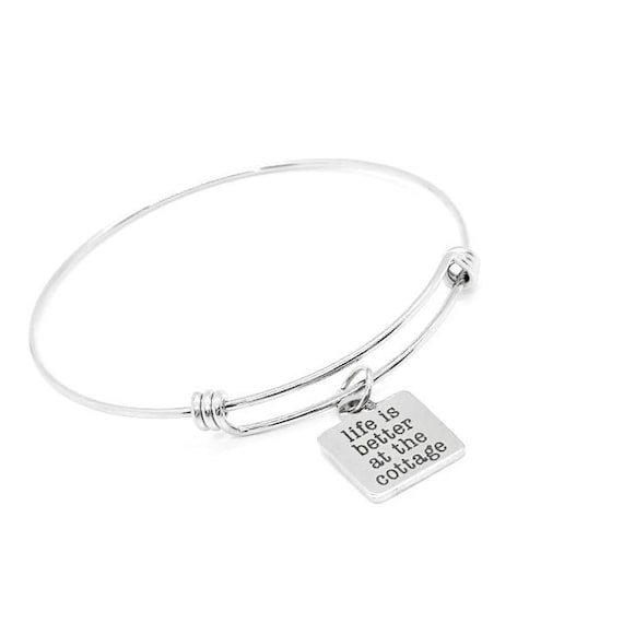 Life Is Better At The Cottage Bracelet Stainless Steel Bangle With 19mm Charm, Inspirational Jewelry Cottagecore Gift For Her Summer Style
