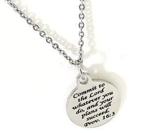 Joyería de las Escrituras, Joyería de Compromiso con el Señor, Collar de las Escrituras, Dije de las Escrituras, Collar de Proverbios 16:3, Regalo de Éxito, Regalo de Joyería para Hijas