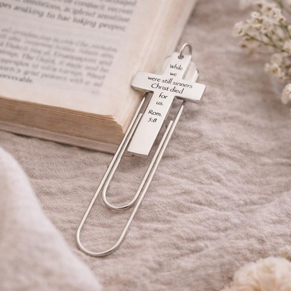 Christ Died For Us Romans 5 8 Paperclip Bookmark Stainless Steel Cross Charm Bible Verse Bookmark Christian Gift